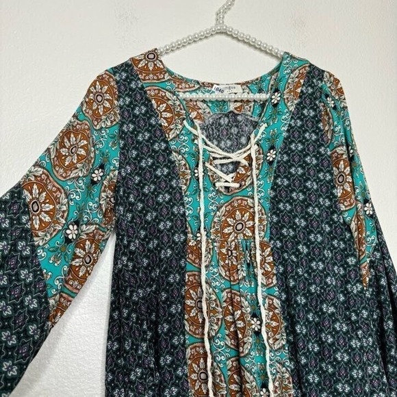 Umgee Tunic Top Medium Boho Patchwork Lace Up Peasant Boho Floral Hippie Pocket - Picture 1 of 10